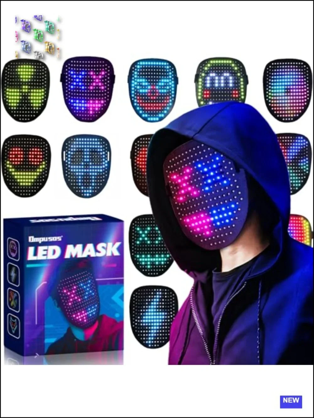 LED Mask with Gesture Sensing, 50 Light Patterns, Rechargeable, Lightweight for